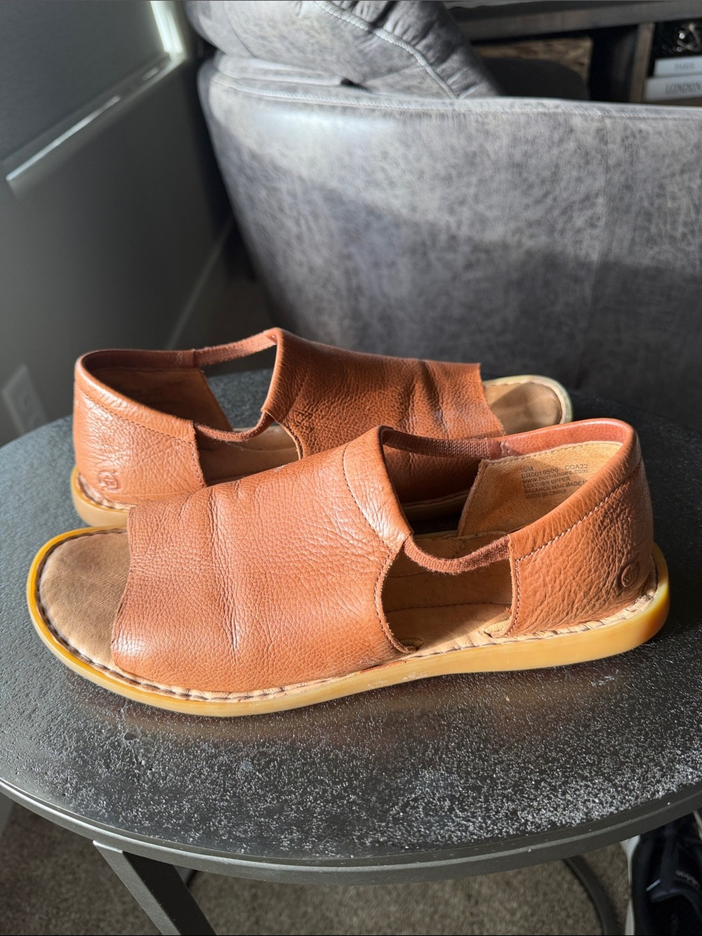 Born Cognac Leather Open-Side Slide Sandals